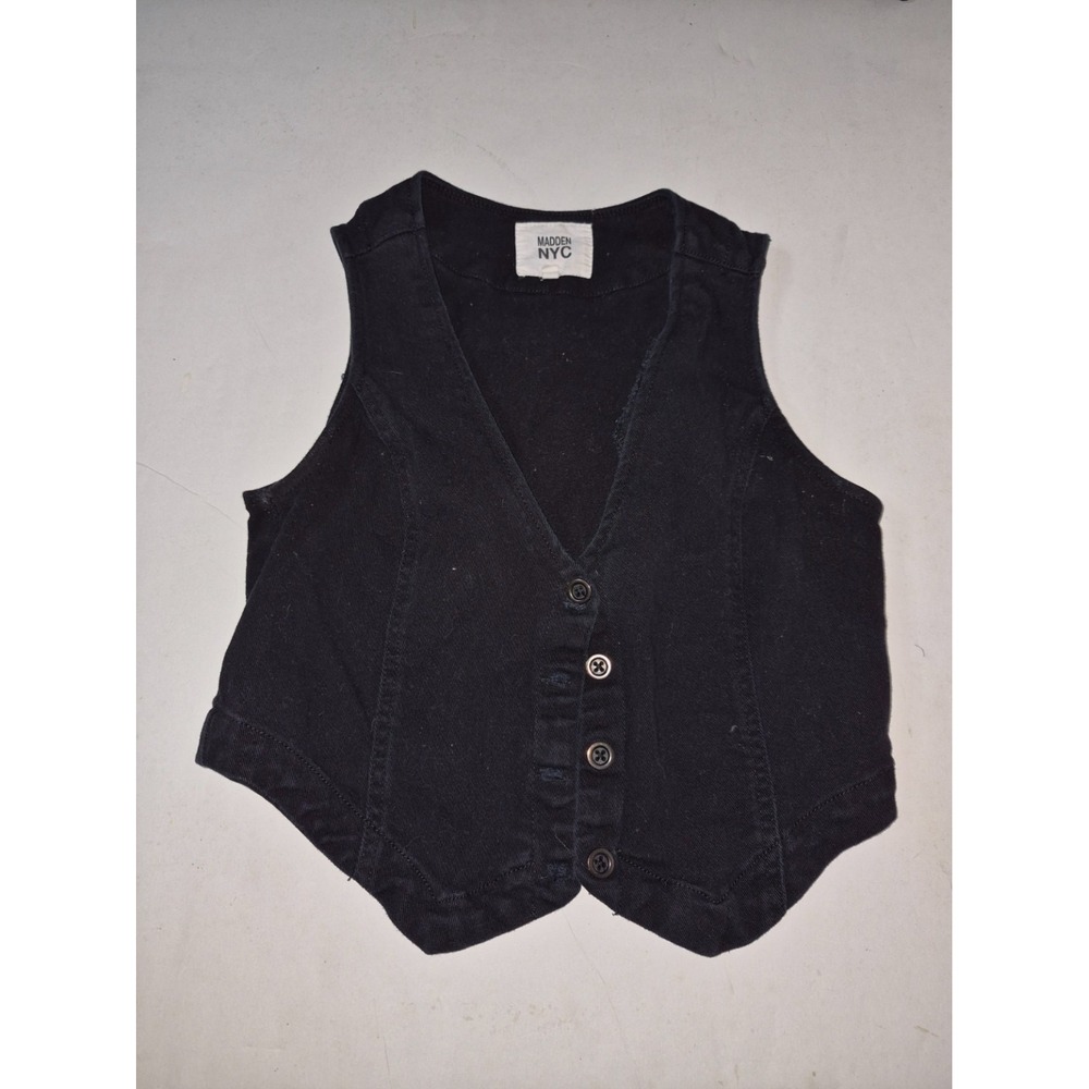 Madden NYC Black Denim Sleeveless Button Top Vest Cropped Women Small